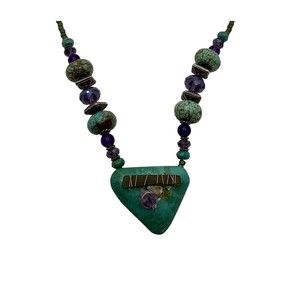 Handmade Turquoise Stone Amethyst Bead 22” Necklace by Carol Kent
